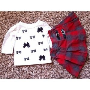 Girl's Size 6 M 3-6 Months 2 Pc Carter's L/S Bow Top & GAP Red/ Gray Plaid Skirt